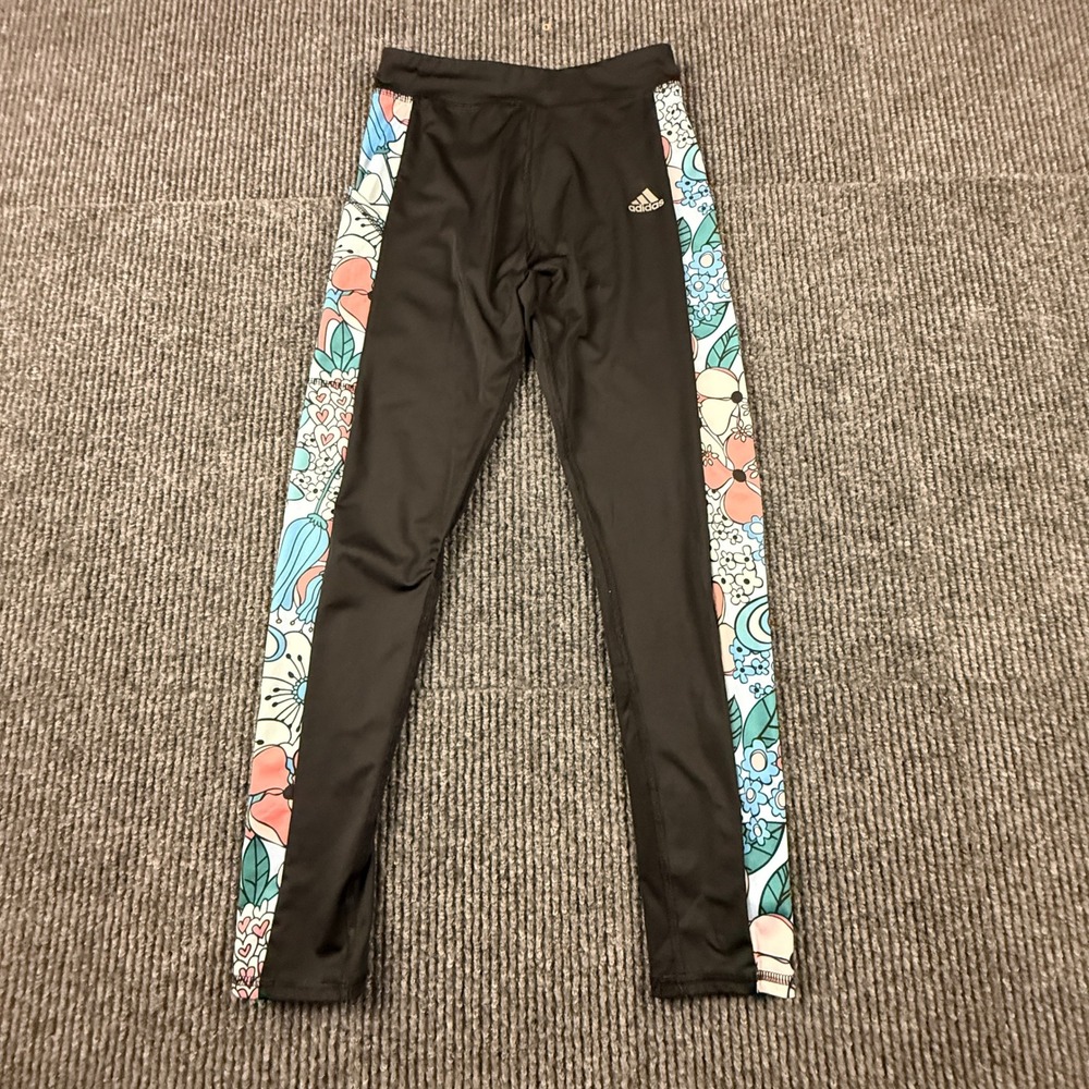 Adidas Girls Aeroready‎ Black Floral Side Stripe Leggings Tights Size L 14